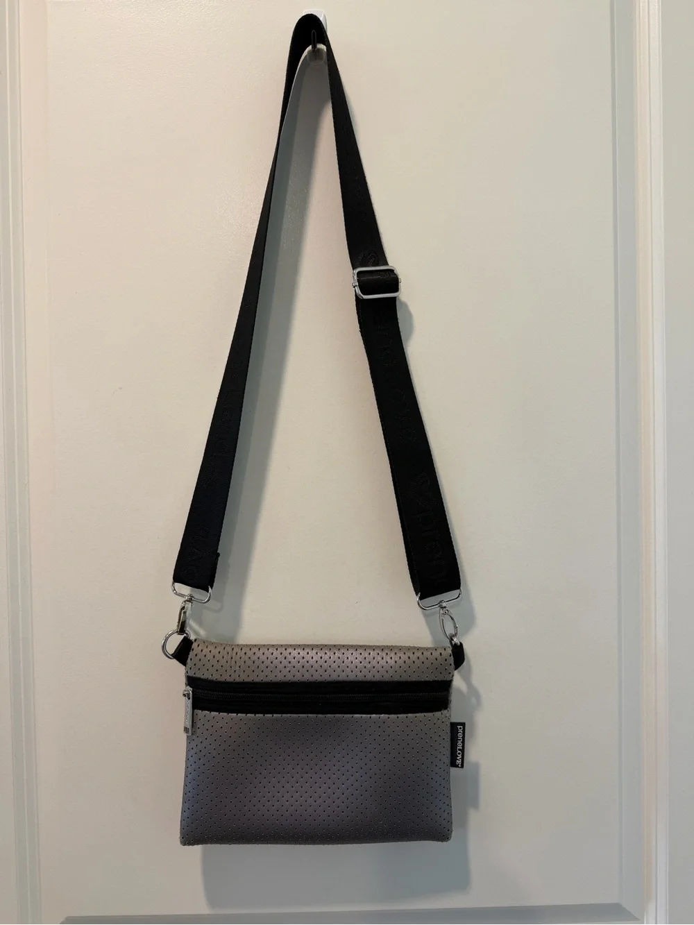 preneLOVE Gray Neoprene Perforated Crossbody Bag Adjustable Strap